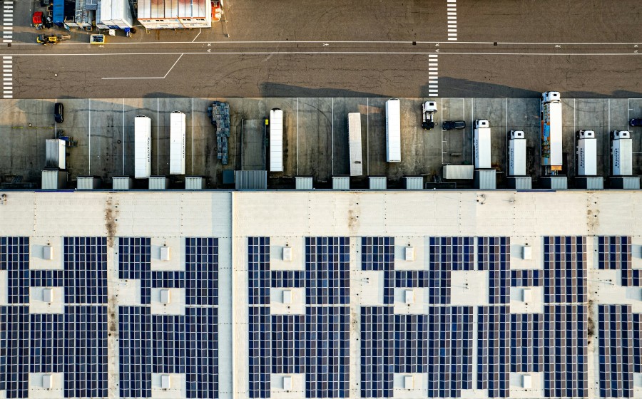 Aerial shot of solar panels on warehouse